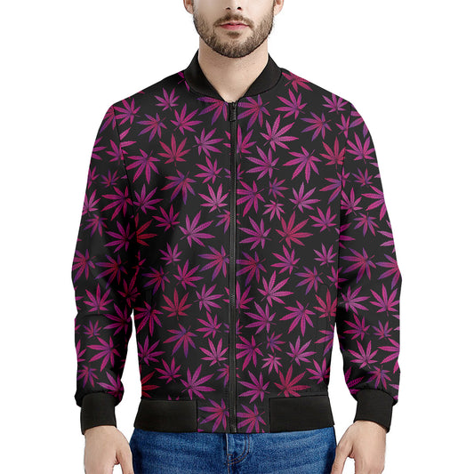 Purple Marijuana Leaf Pattern Print Men's Bomber Jacket