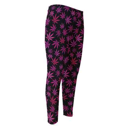 Purple Marijuana Leaf Pattern Print Men's Compression Pants
