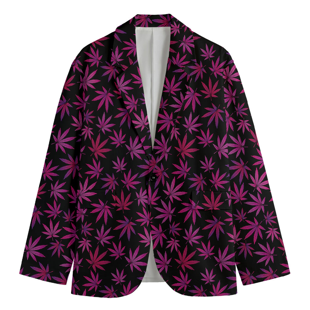 Purple Marijuana Leaf Pattern Print Men's Cotton Blazer