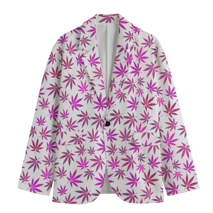 Purple And White Marijuana Leaf Pattern Print Men's Cotton Blazer