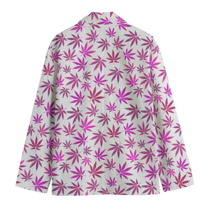 Purple And White Marijuana Leaf Pattern Print Men's Cotton Blazer