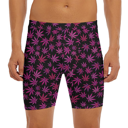 Purple Marijuana Leaf Pattern Print Men's Long Boxer Briefs