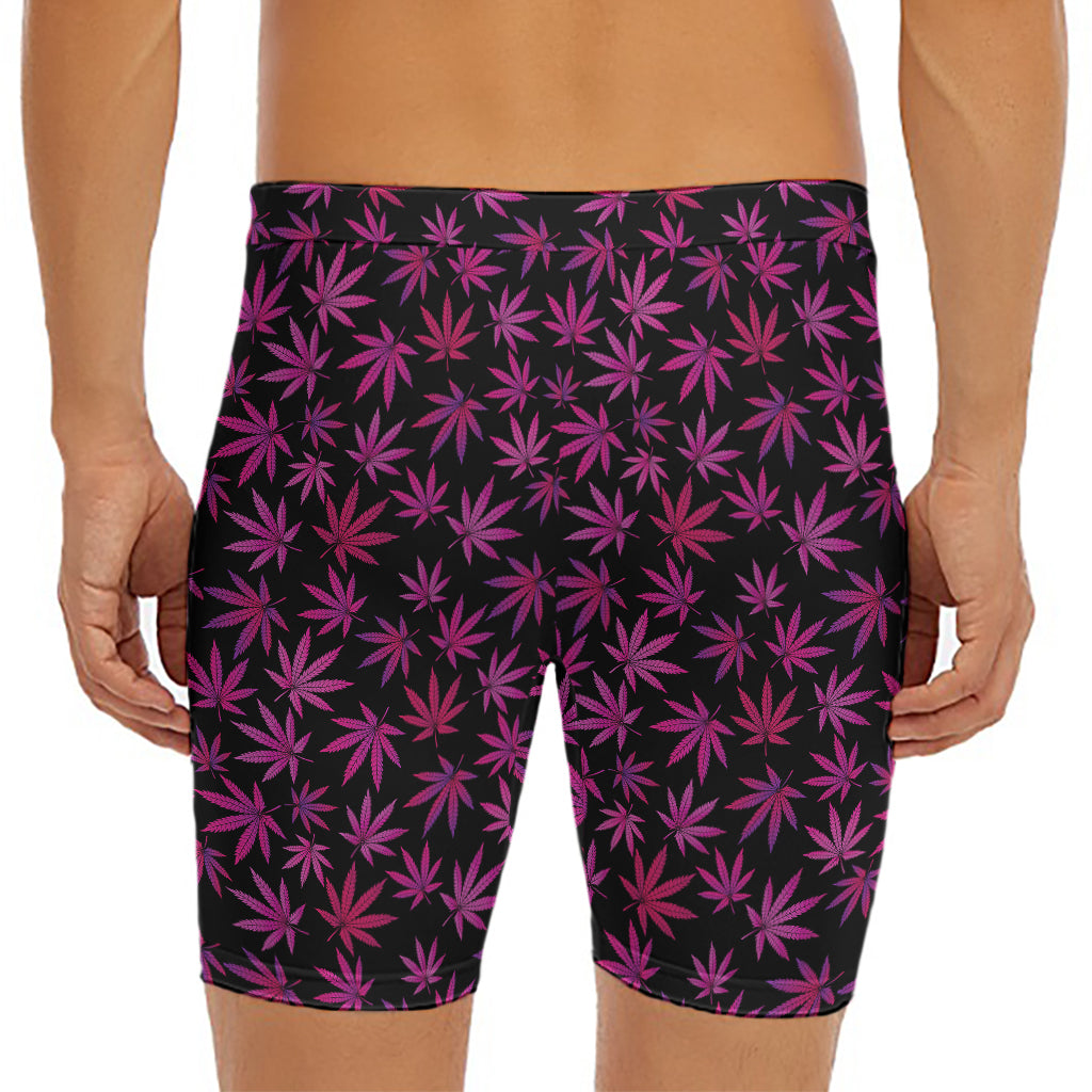Purple Marijuana Leaf Pattern Print Men's Long Boxer Briefs