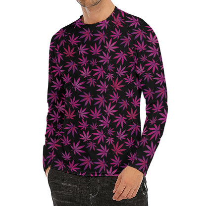Purple Marijuana Leaf Pattern Print Men's Long Sleeve Rash Guard