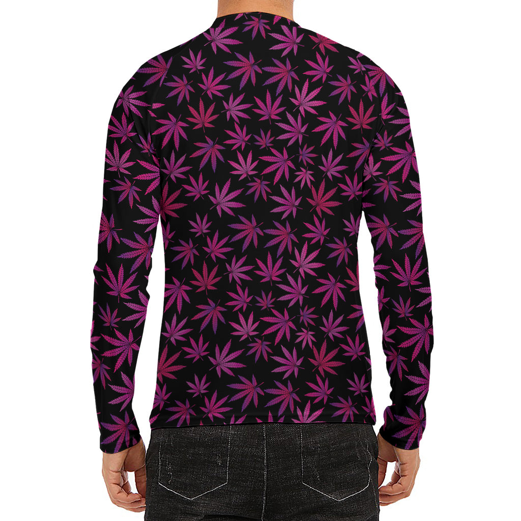 Purple Marijuana Leaf Pattern Print Men's Long Sleeve Rash Guard