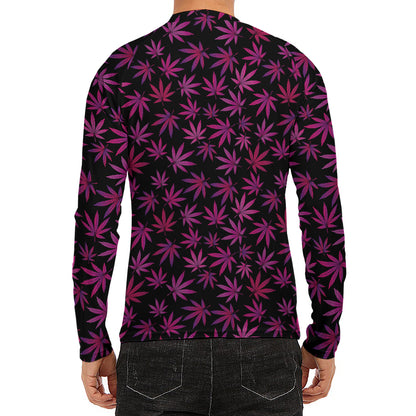 Purple Marijuana Leaf Pattern Print Men's Long Sleeve Rash Guard
