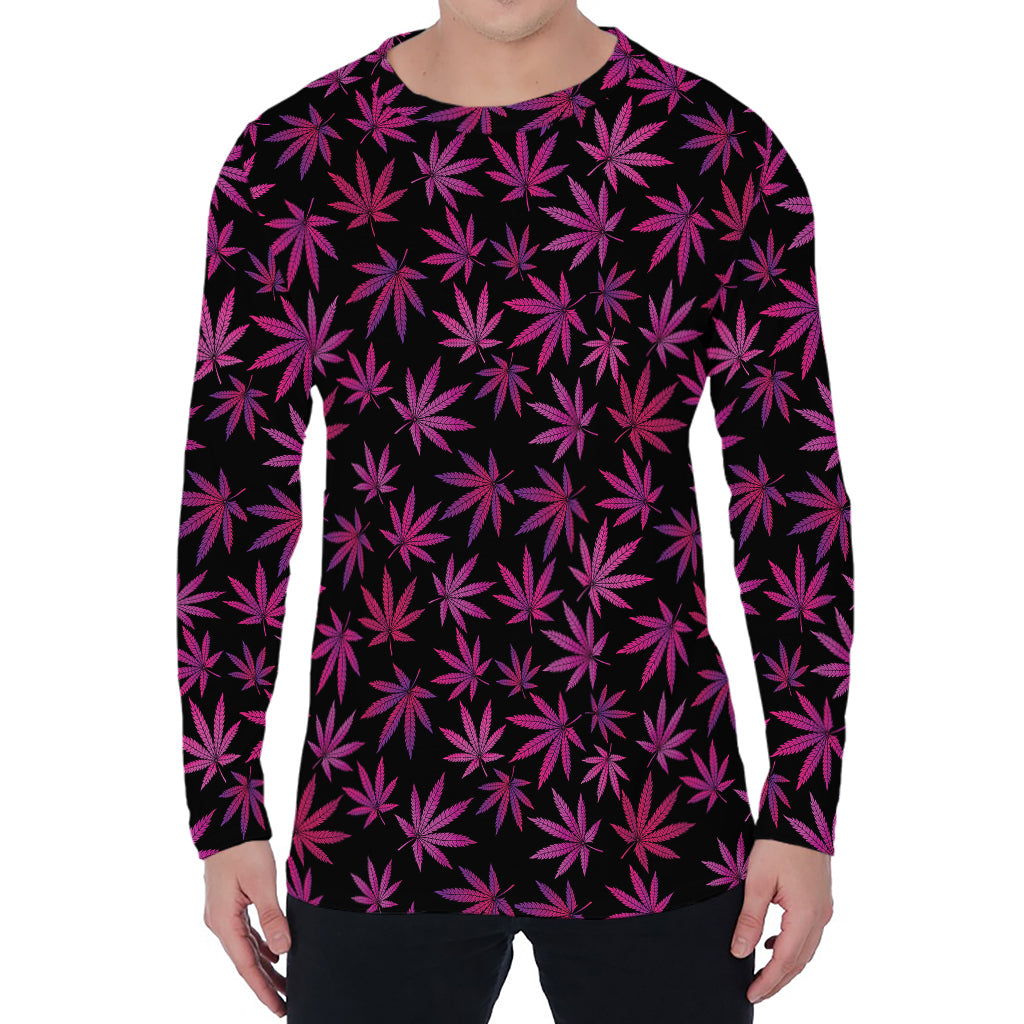 Purple Marijuana Leaf Pattern Print Men's Long Sleeve T-Shirt