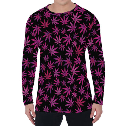 Purple Marijuana Leaf Pattern Print Men's Long Sleeve T-Shirt