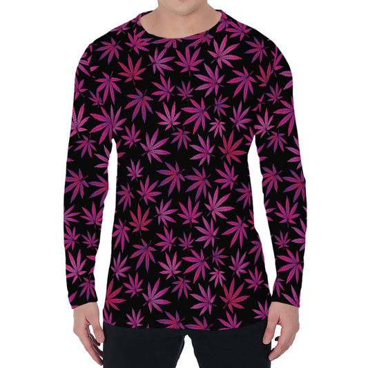 Purple Marijuana Leaf Pattern Print Men's Long Sleeve T-Shirt