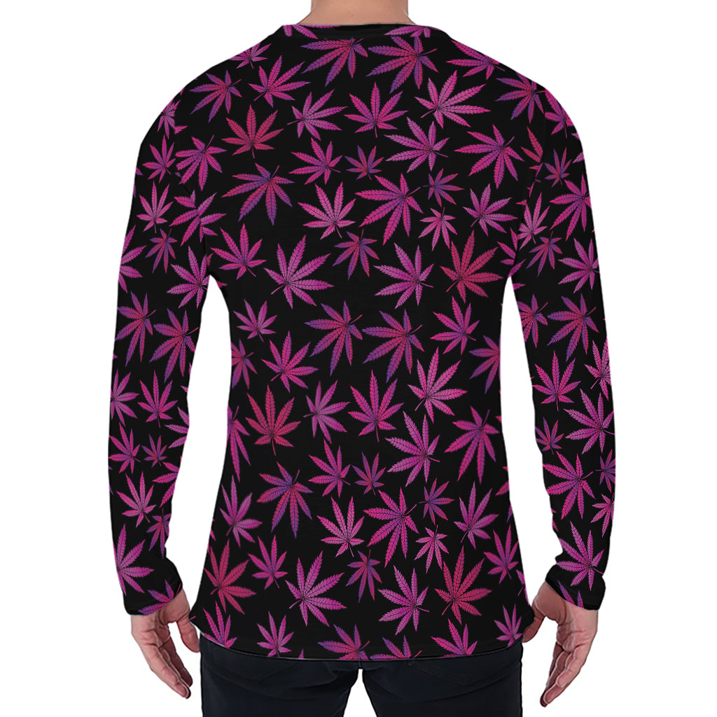 Purple Marijuana Leaf Pattern Print Men's Long Sleeve T-Shirt