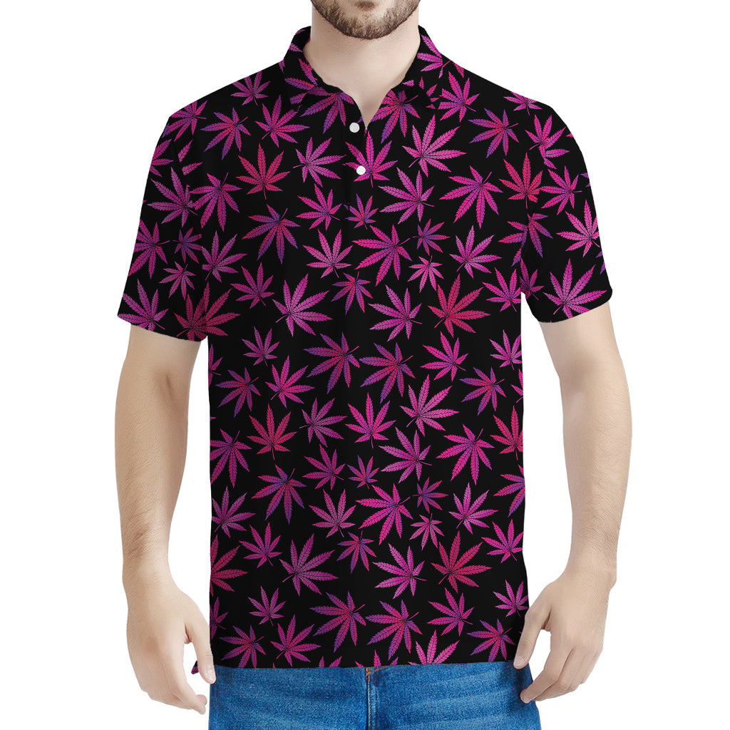 Purple Marijuana Leaf Pattern Print Men's Polo Shirt