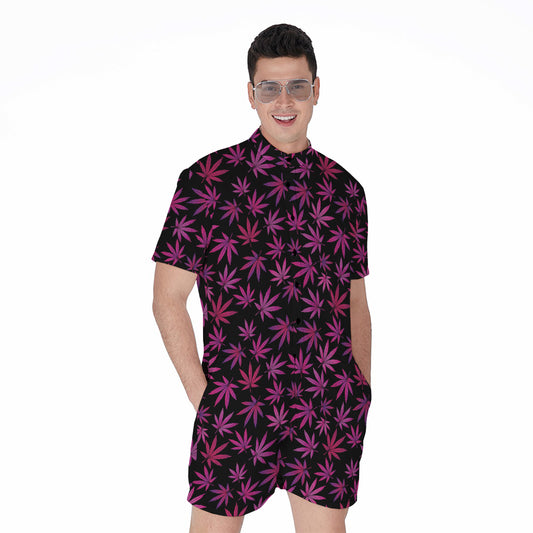 Purple Marijuana Leaf Pattern Print Men's Rompers