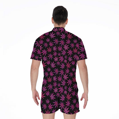 Purple Marijuana Leaf Pattern Print Men's Rompers