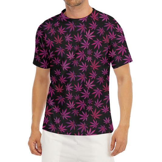 Purple Marijuana Leaf Pattern Print Men's Short Sleeve Rash Guard