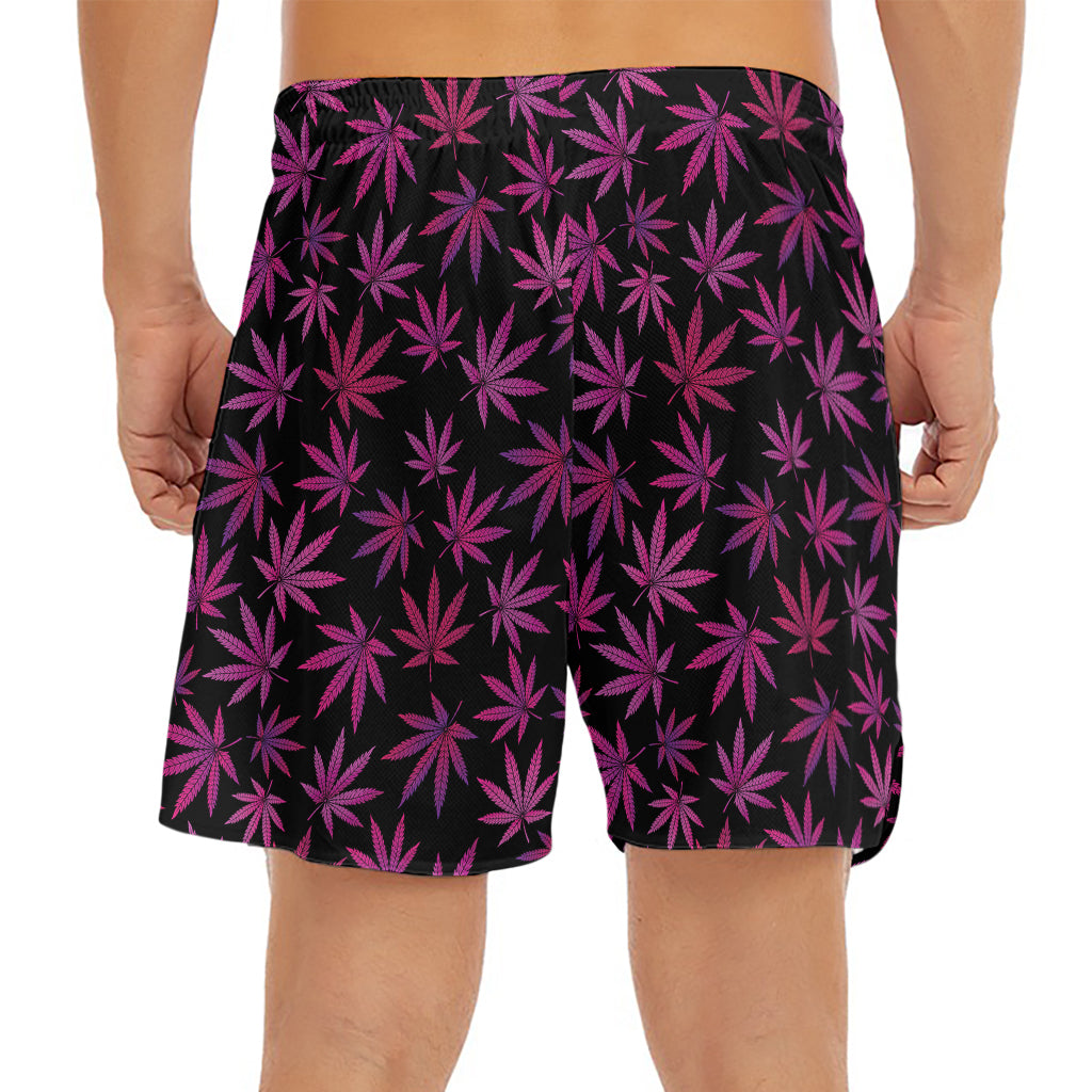 Purple Marijuana Leaf Pattern Print Men's Split Running Shorts