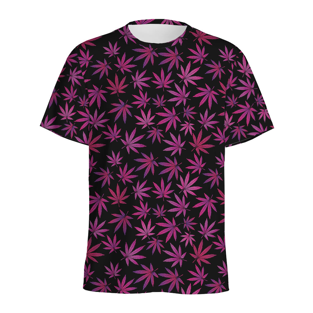 Purple Marijuana Leaf Pattern Print Men's Sports T-Shirt