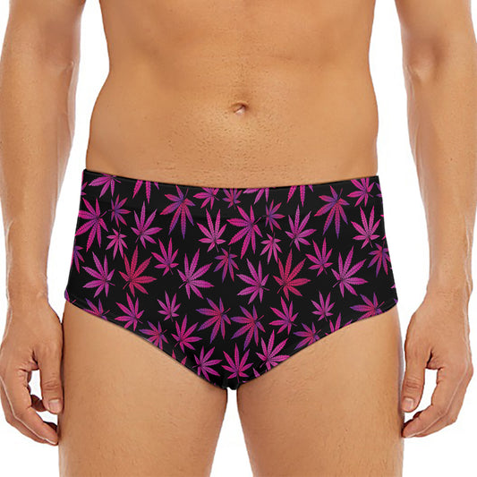 Purple Marijuana Leaf Pattern Print Men's Triangle Swim Briefs