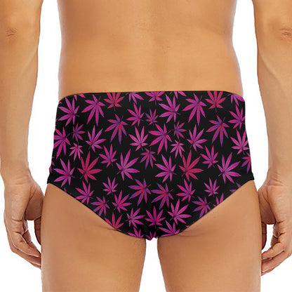 Purple Marijuana Leaf Pattern Print Men's Triangle Swim Briefs