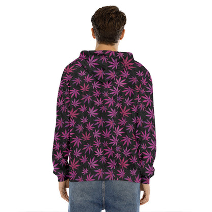 Purple Marijuana Leaf Pattern Print Men's Velvet Pullover Hoodie