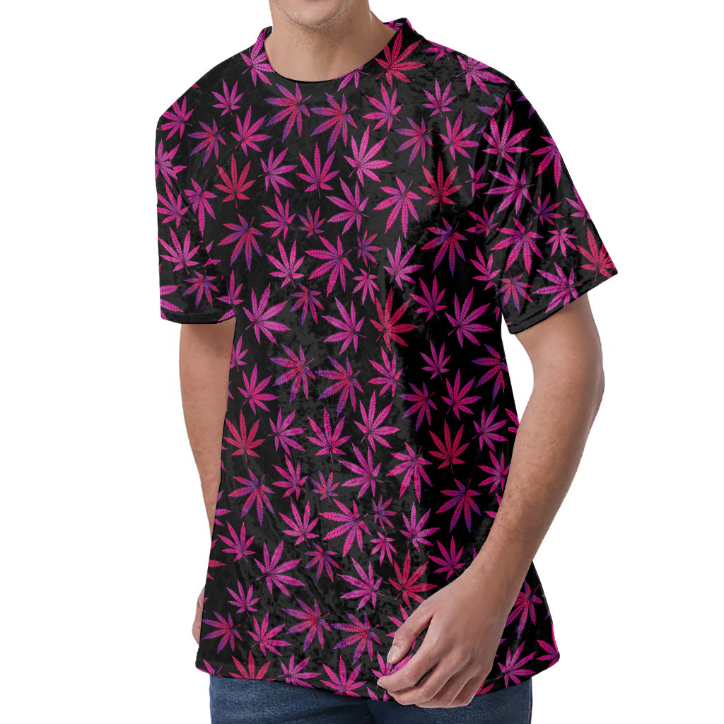 Purple Marijuana Leaf Pattern Print Men's Velvet T-Shirt