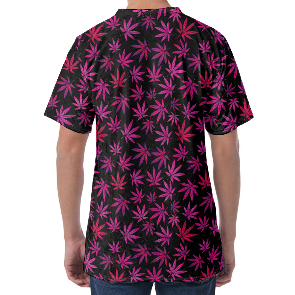 Purple Marijuana Leaf Pattern Print Men's Velvet T-Shirt