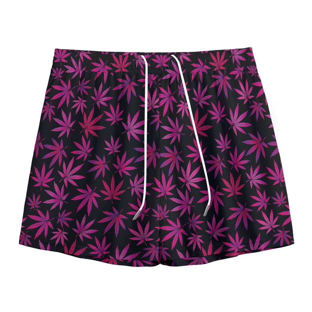 Purple Marijuana Leaf Pattern Print Mesh Shorts