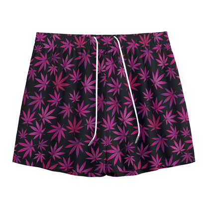 Purple Marijuana Leaf Pattern Print Mesh Shorts
