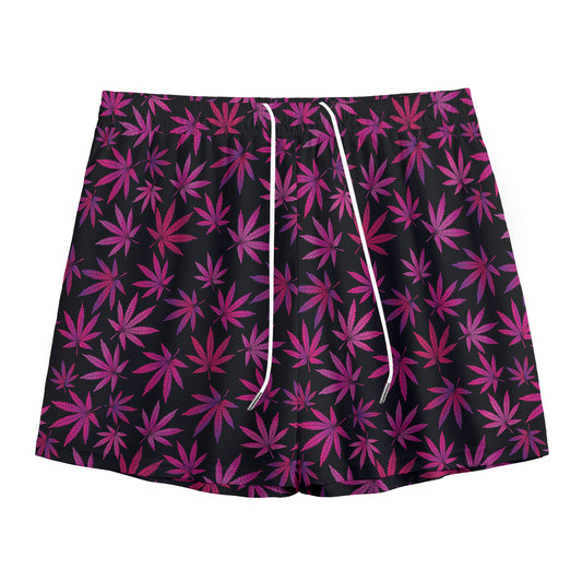 Purple Marijuana Leaf Pattern Print Mesh Shorts
