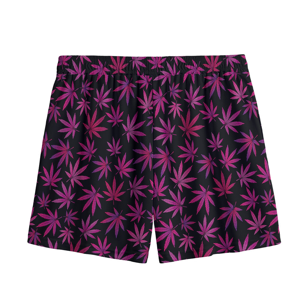 Purple Marijuana Leaf Pattern Print Mesh Shorts