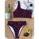 Purple Marijuana Leaf Pattern Print One Shoulder Bikini Top