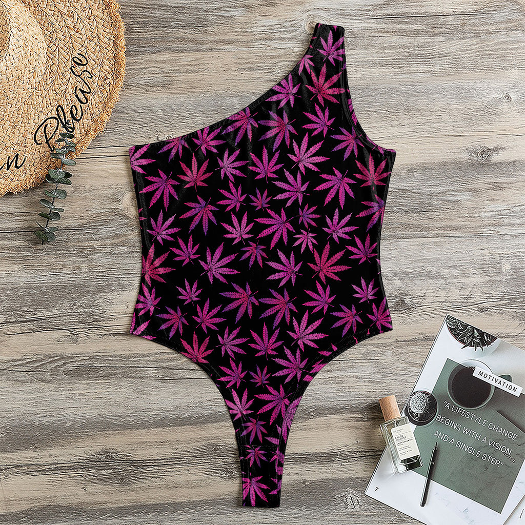 Purple Marijuana Leaf Pattern Print One Shoulder Bodysuit