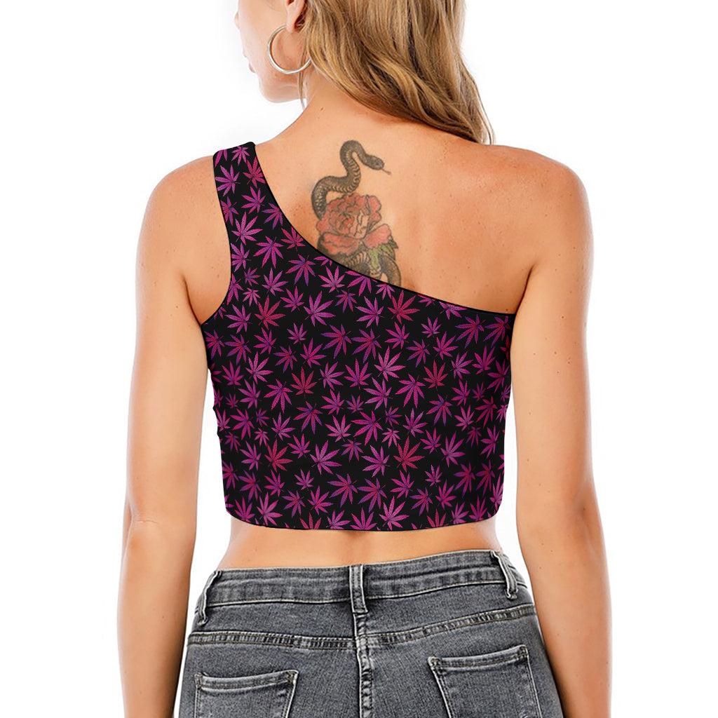 Purple Marijuana Leaf Pattern Print One Shoulder Crop Top