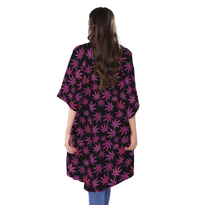 Purple Marijuana Leaf Pattern Print Open Front Beach Cover Up
