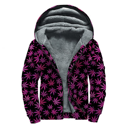 Purple Marijuana Leaf Pattern Print Sherpa Lined Zip Up Hoodie