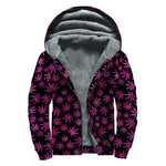 Purple Marijuana Leaf Pattern Print Sherpa Lined Zip Up Hoodie