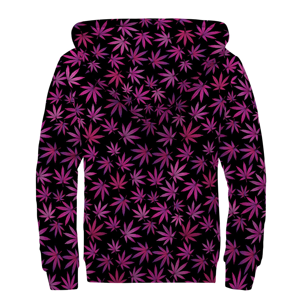 Purple Marijuana Leaf Pattern Print Sherpa Lined Zip Up Hoodie