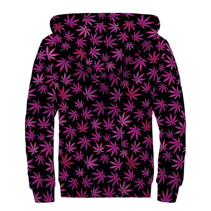 Purple Marijuana Leaf Pattern Print Sherpa Lined Zip Up Hoodie