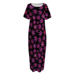 Purple Marijuana Leaf Pattern Print Short Sleeve Long Nightdress