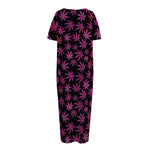 Purple Marijuana Leaf Pattern Print Short Sleeve Long Nightdress