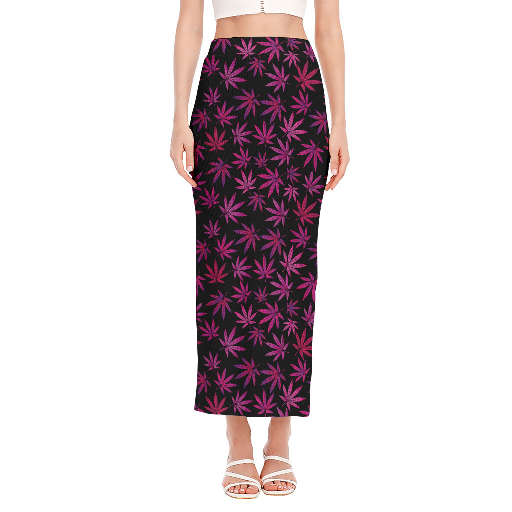 Purple Marijuana Leaf Pattern Print Side Slit Maxi Skirt