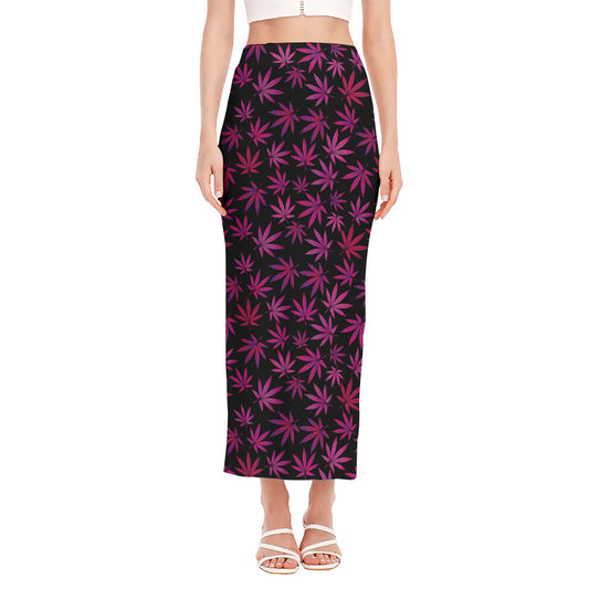 Purple Marijuana Leaf Pattern Print Side Slit Maxi Skirt