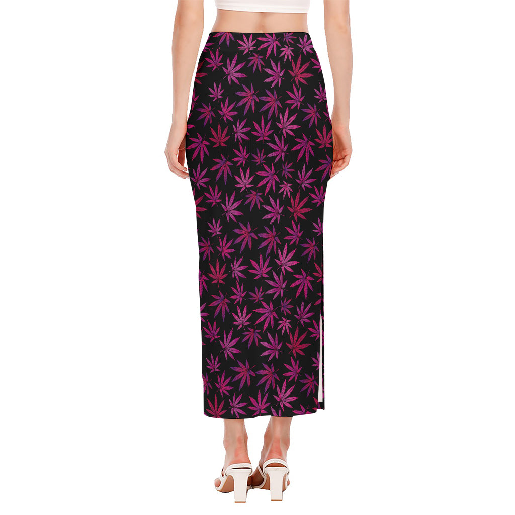 Purple Marijuana Leaf Pattern Print Side Slit Maxi Skirt