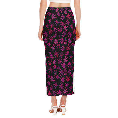 Purple Marijuana Leaf Pattern Print Side Slit Maxi Skirt