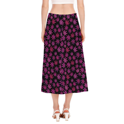 Purple Marijuana Leaf Pattern Print Side Slit Midi Skirt