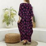 Purple Marijuana Leaf Pattern Print Silk V-Neck Kaftan Dress
