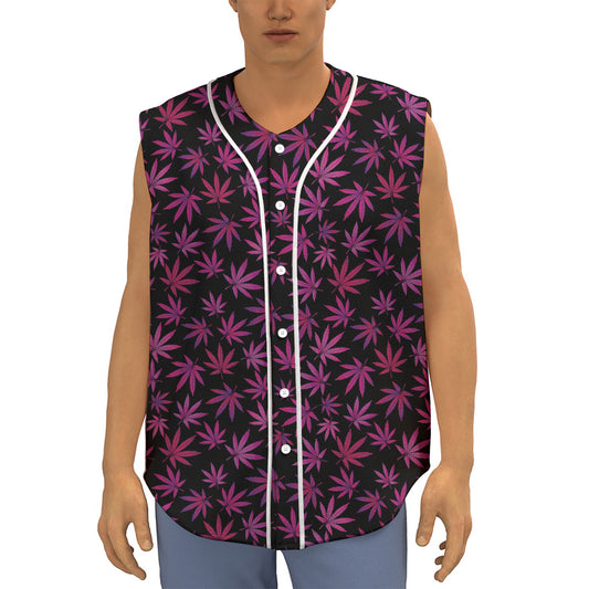 Purple Marijuana Leaf Pattern Print Sleeveless Baseball Jersey