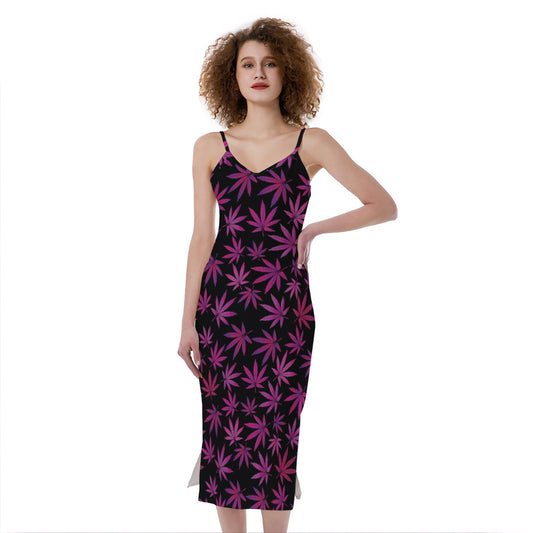 Purple Marijuana Leaf Pattern Print Slim Fit Midi Cami Dress