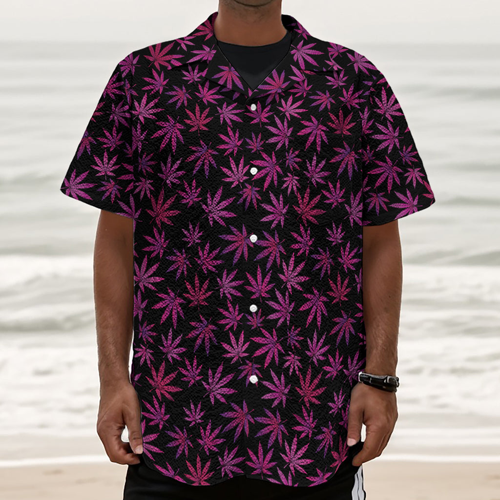 Purple Marijuana Leaf Pattern Print Textured Short Sleeve Shirt