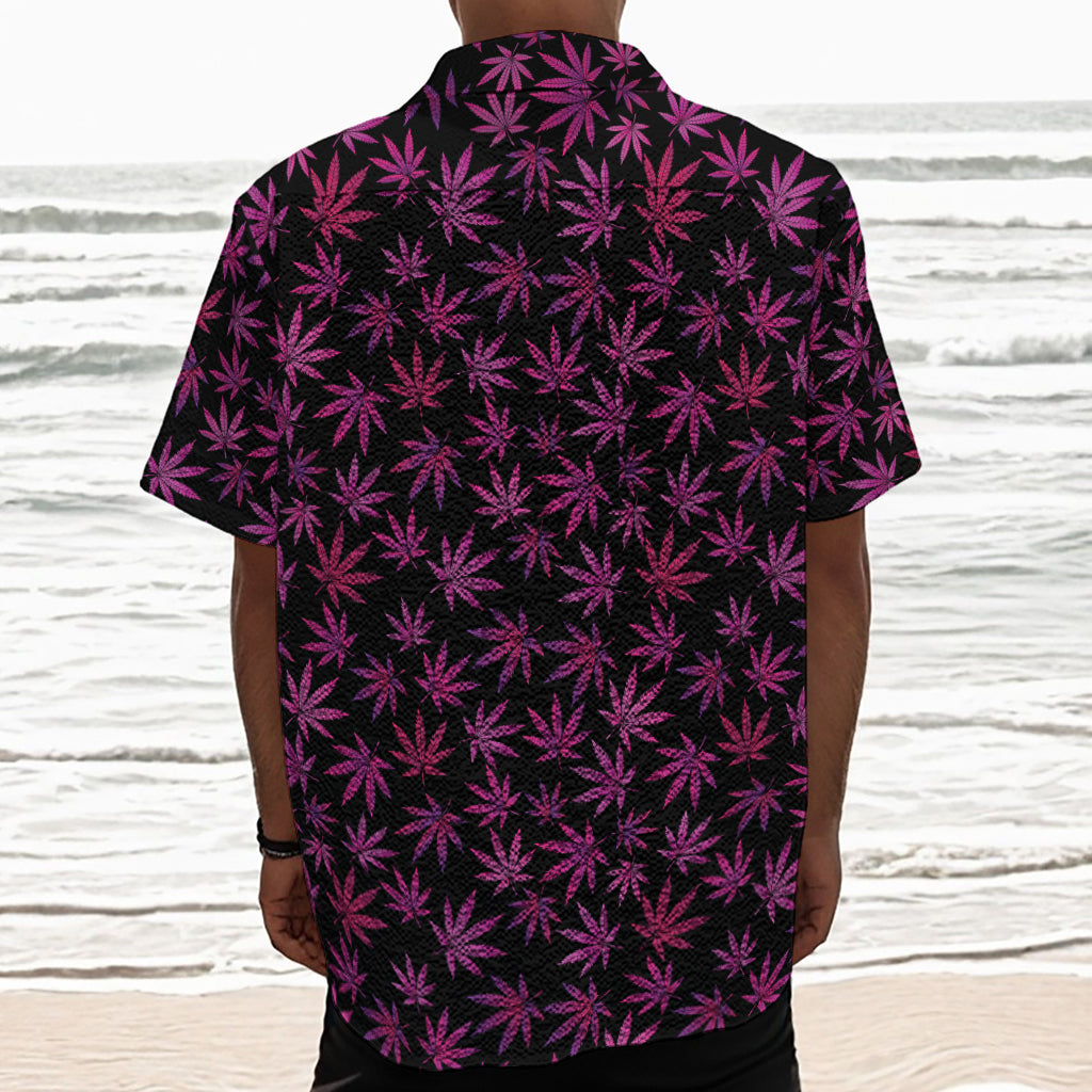 Purple Marijuana Leaf Pattern Print Textured Short Sleeve Shirt