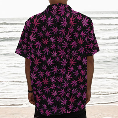 Purple Marijuana Leaf Pattern Print Textured Short Sleeve Shirt